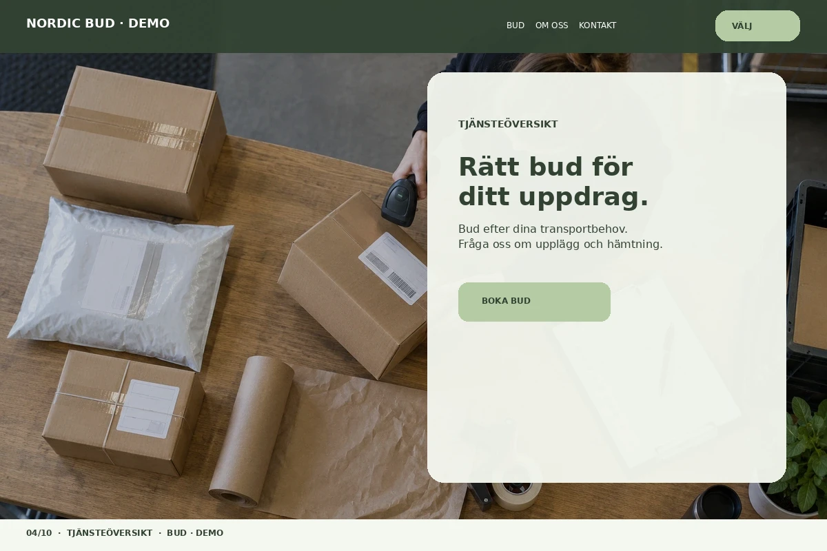 Tjänsteöversikt – relaterat designförslag för budfirma
