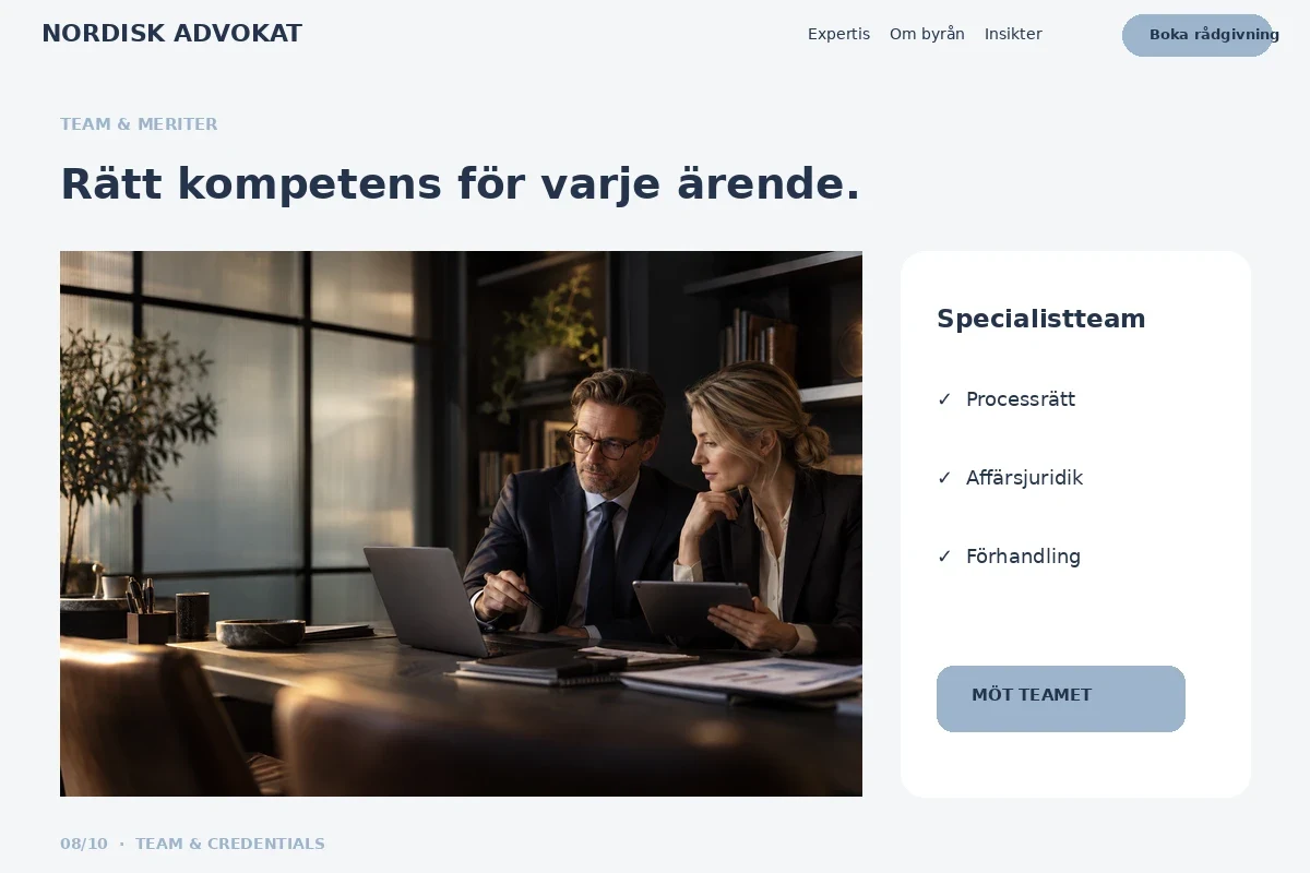 Team & Credentials – relaterat designförslag för advokat