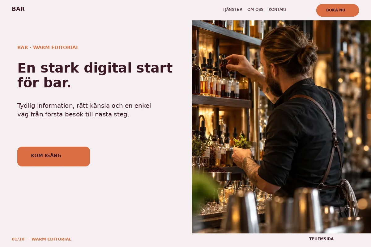 Warm Editorial – Startsida för bar