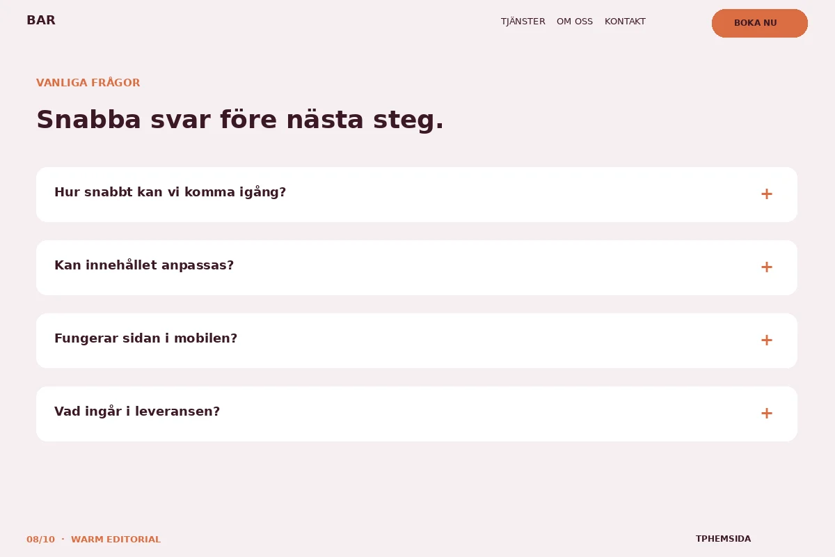 Warm Editorial – Vanliga frågor för bar