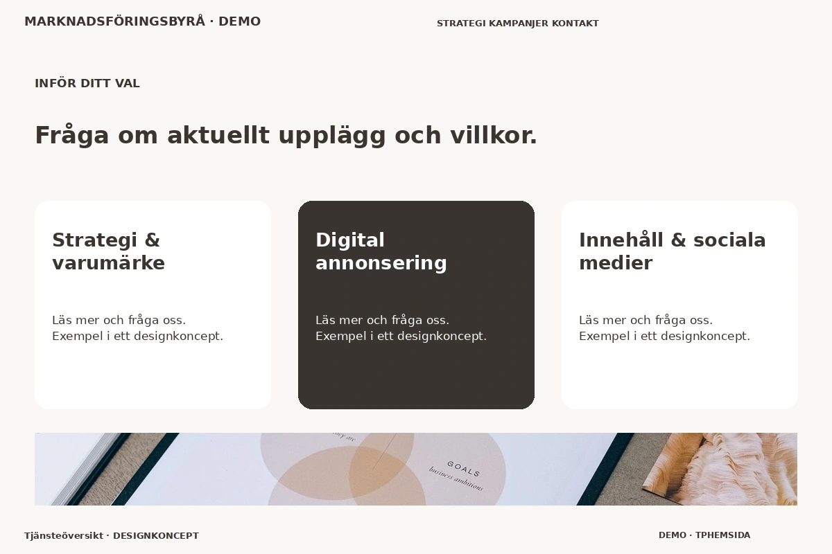 Tjänsteöversikt – Alternativ & villkor för marknadsföringsbyrå