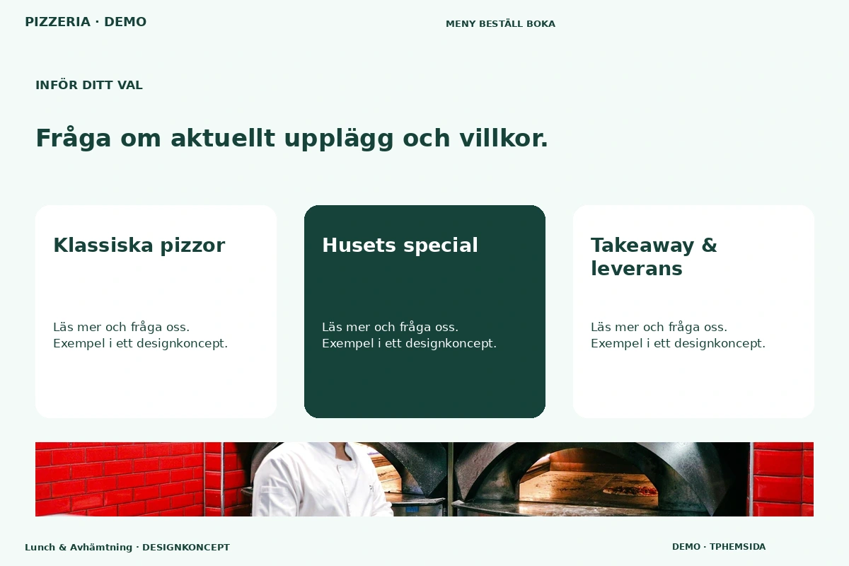Lunch & Avhämtning – Alternativ & villkor för pizzeria