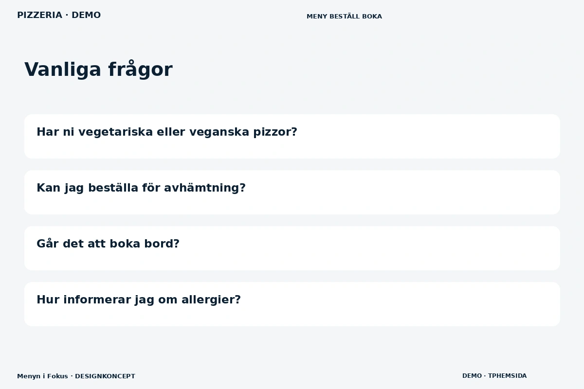 Menyn i Fokus – Vanliga frågor för pizzeria