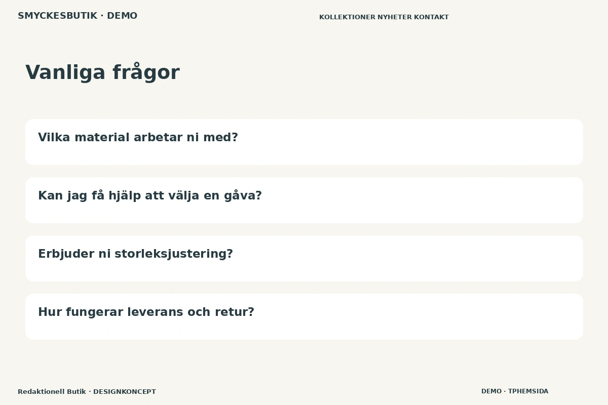 Redaktionell Butik – Vanliga frågor för smyckesbutik