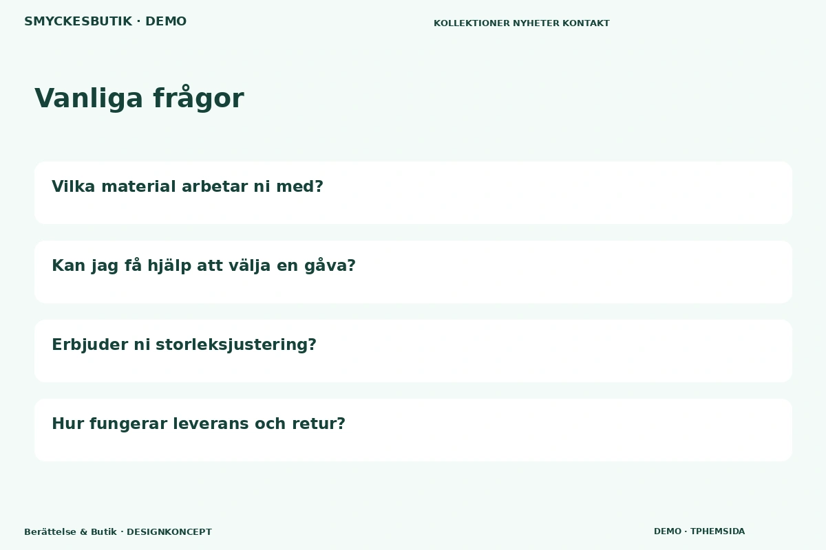 Berättelse & Butik – Vanliga frågor för smyckesbutik