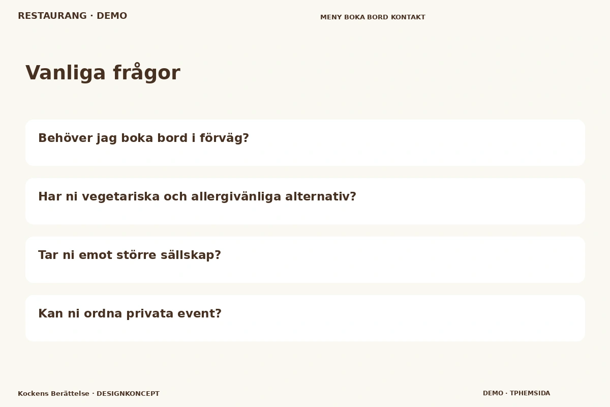 Kockens Berättelse – Vanliga frågor för restaurang