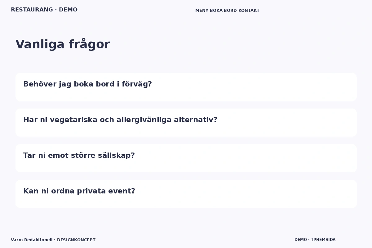 Varm Redaktionell – Vanliga frågor för restaurang