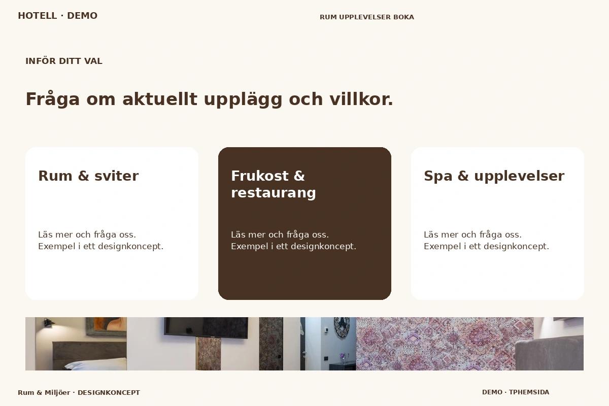 Rum & Miljöer – Alternativ & villkor för hotell