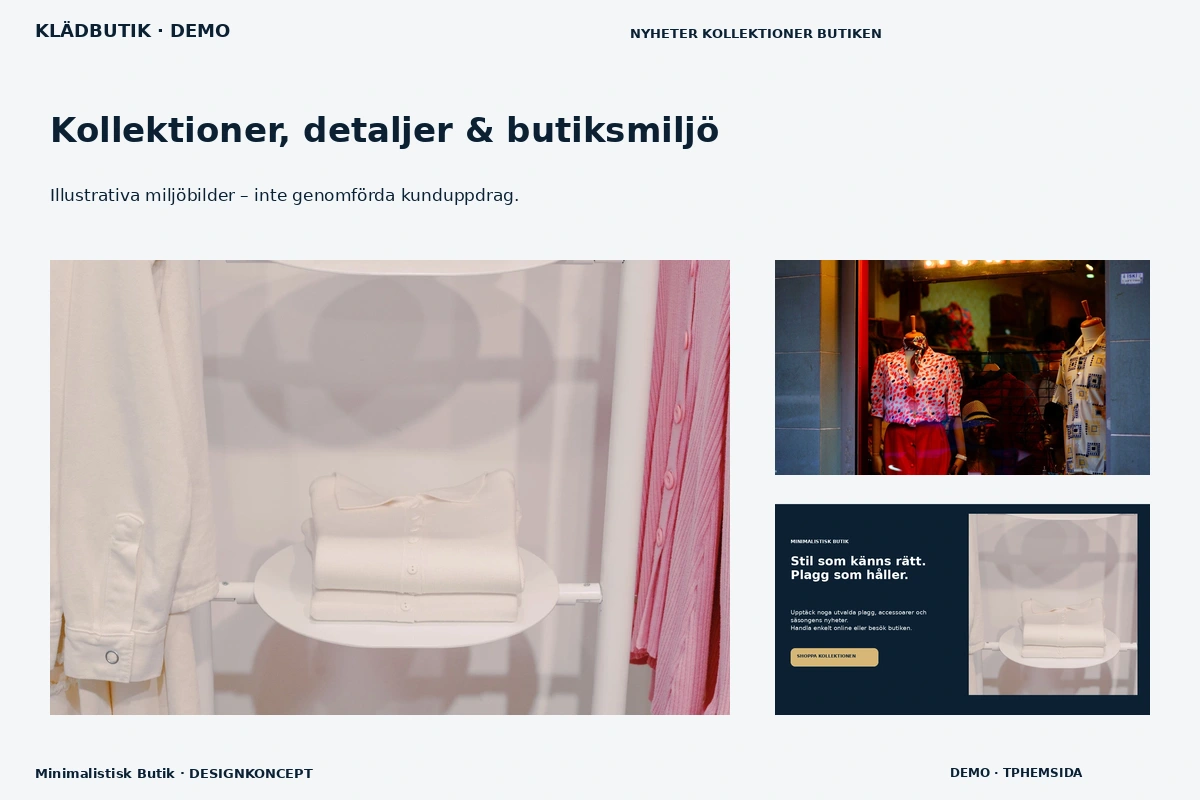 Minimalistisk Butik – Kollektioner, detaljer & butiksmiljö för klädbutik