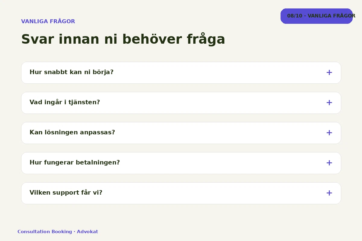 Consultation Booking – Vanliga frågor för advokat