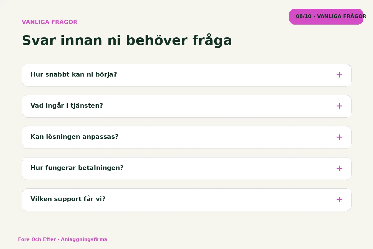 Före & Efter – Vanliga frågor för anlaggningsfirma