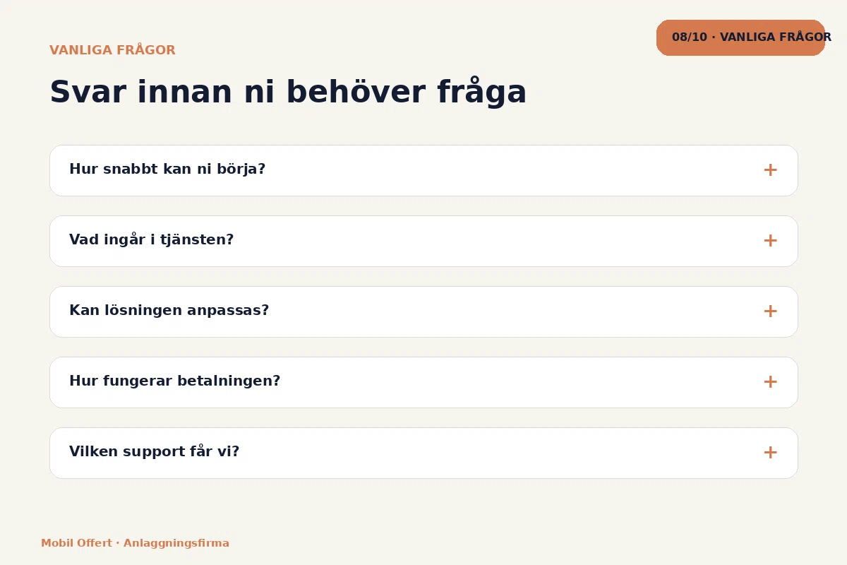 Mobil Offert – Vanliga frågor för anlaggningsfirma