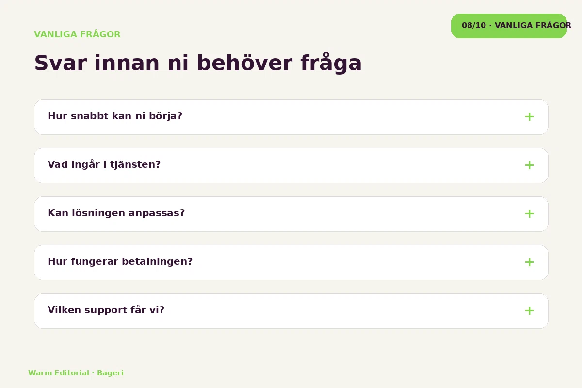 Warm Editorial – Vanliga frågor för bageri