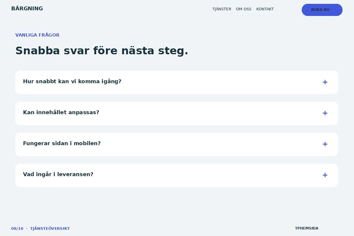 Tjänsteöversikt – Vanliga frågor för bärgning