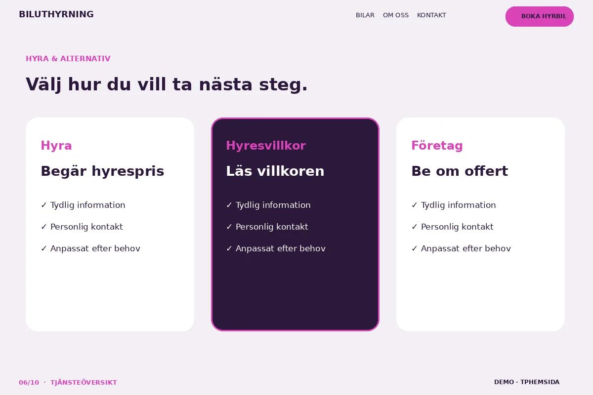 Tjänsteöversikt – Hyra & alternativ för biluthyrning