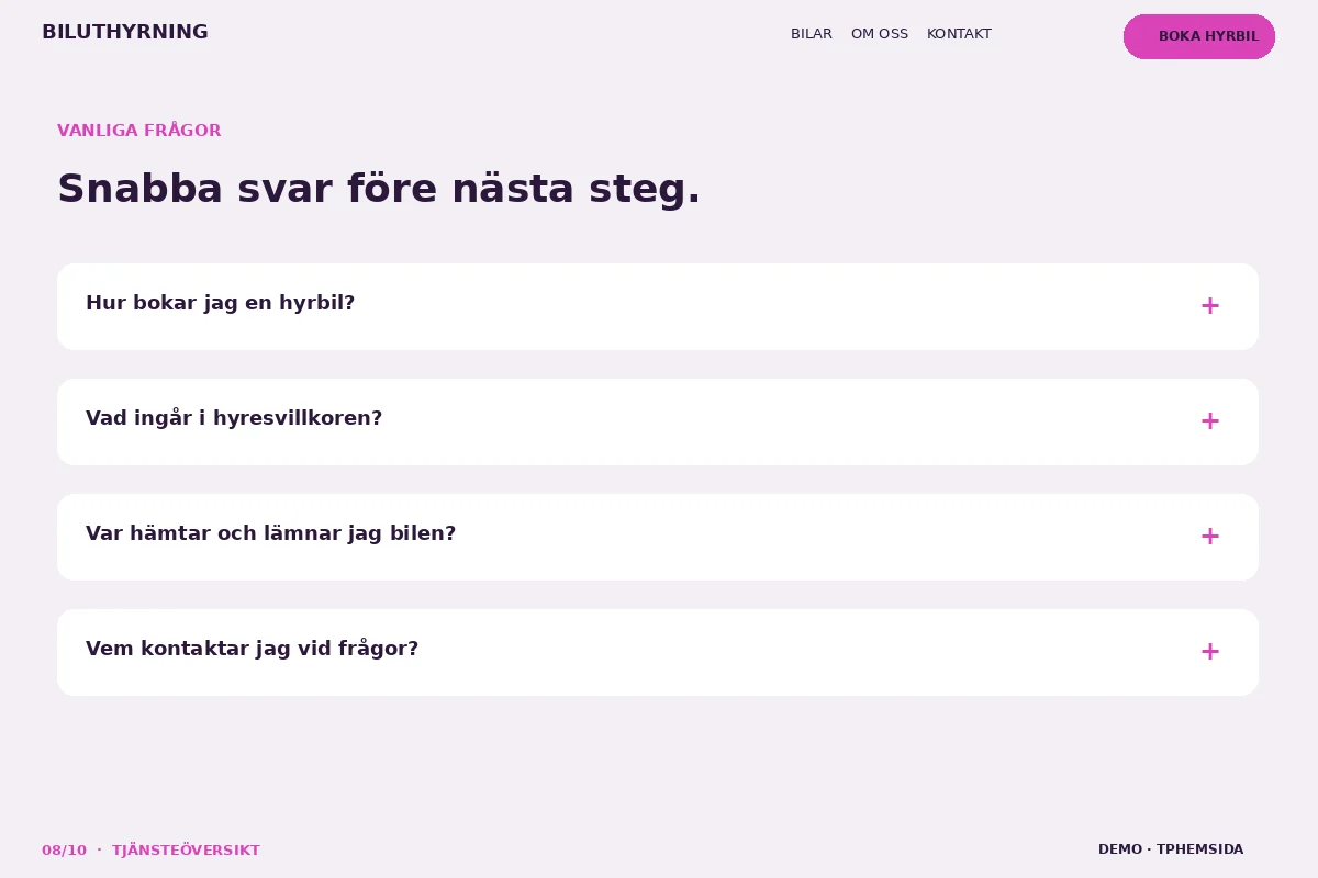 Tjänsteöversikt – Vanliga frågor för biluthyrning