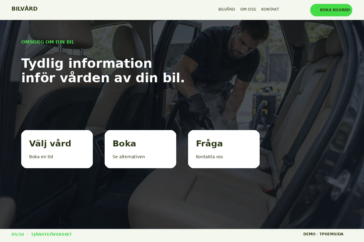 Tjänsteöversikt – Omsorg om bilen för bilvård