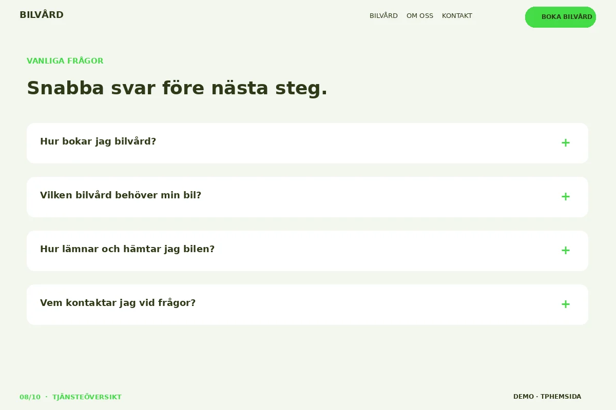 Tjänsteöversikt – Vanliga frågor för bilvård