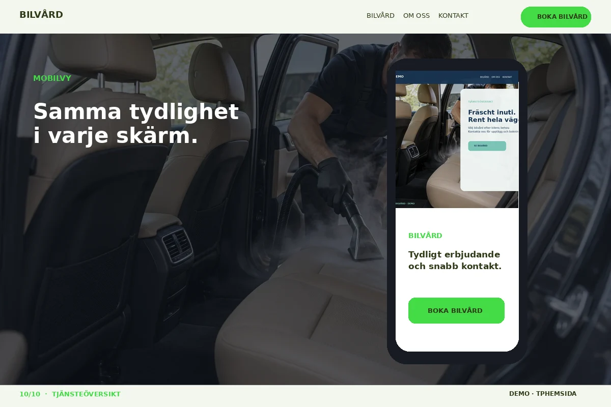 Tjänsteöversikt – Mobilvy för bilvård