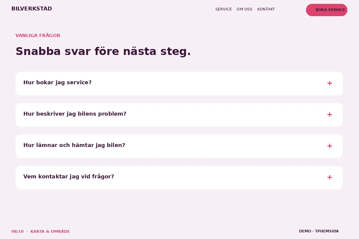 Karta & Område – Vanliga frågor för bilverkstad