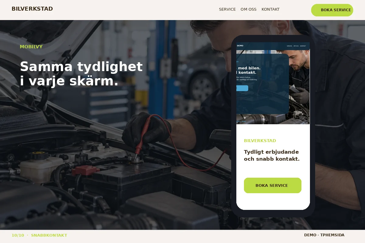 Snabbkontakt – Mobilvy för bilverkstad