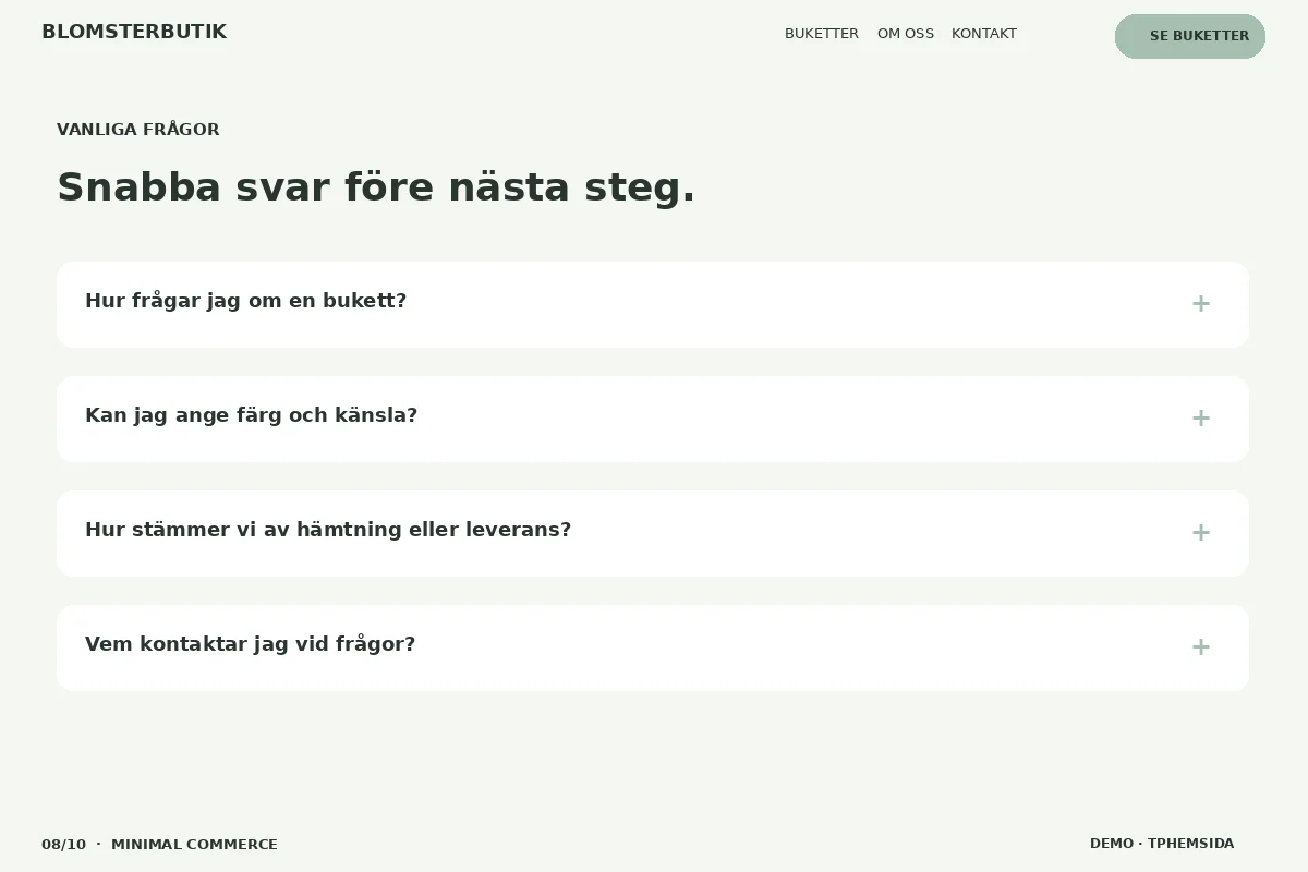 Minimal Commerce – Vanliga frågor för blomsterbutik