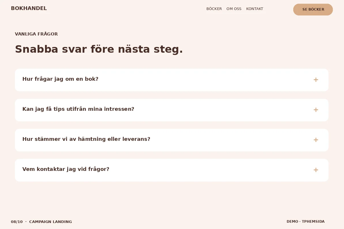 Campaign Landing – Vanliga frågor för bokhandel