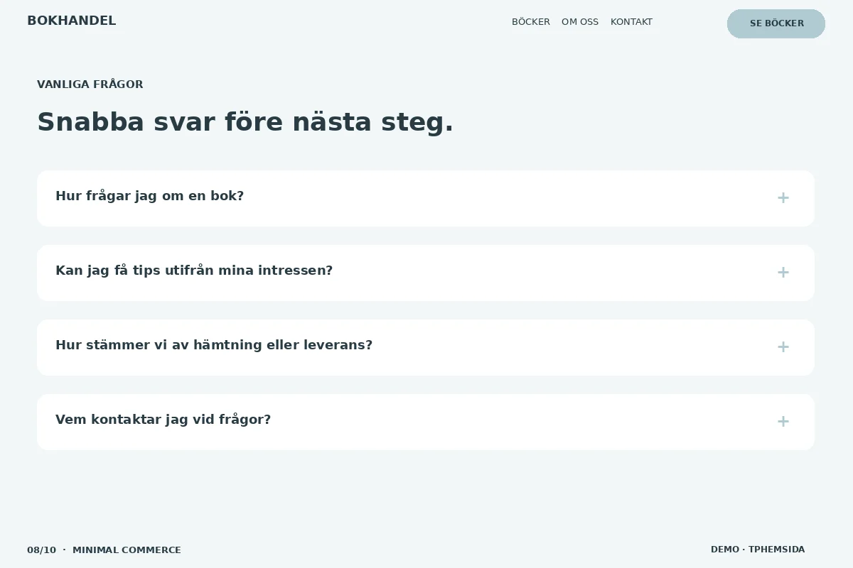 Minimal Commerce – Vanliga frågor för bokhandel