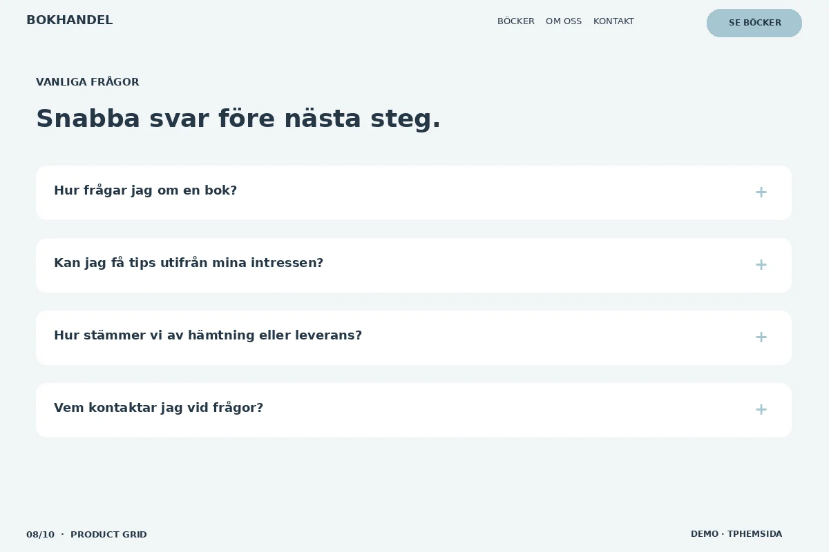 Product Grid – Vanliga frågor för bokhandel