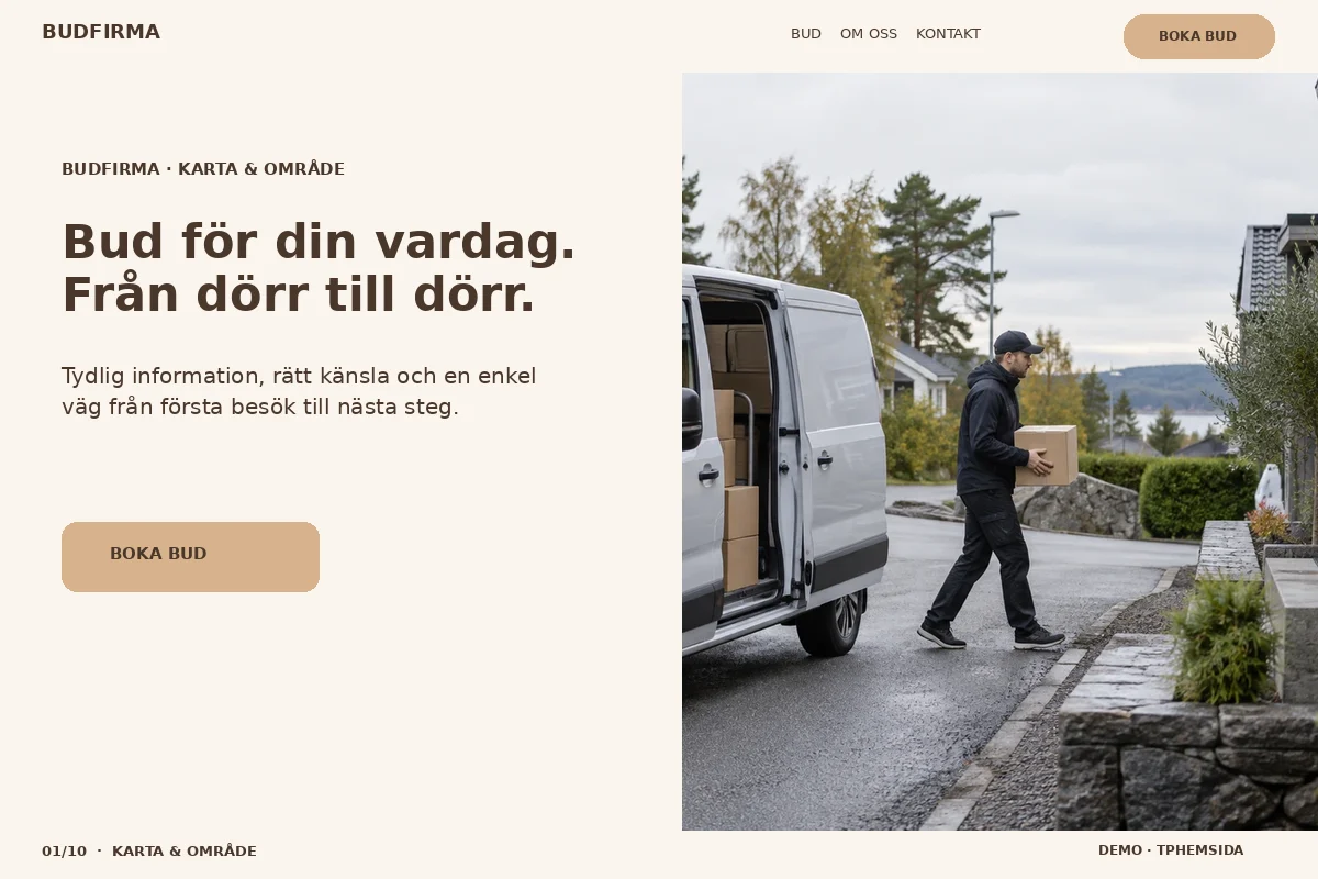 Karta & Område – Startsida för budfirma