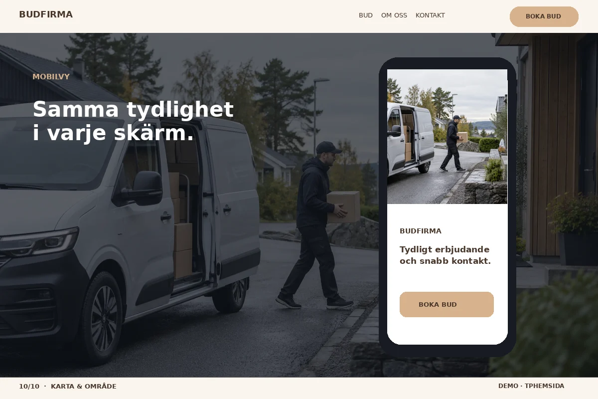 Karta & Område – Mobilvy för budfirma
