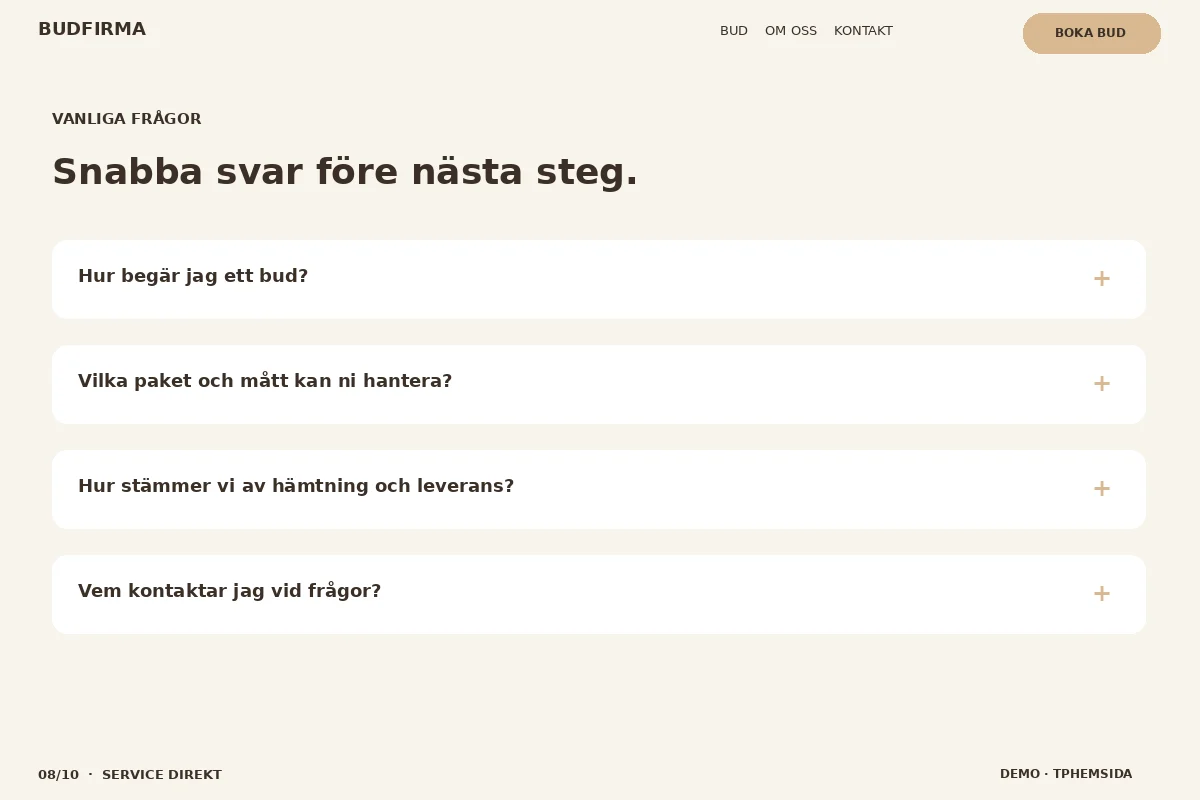Service Direkt – Vanliga frågor för budfirma