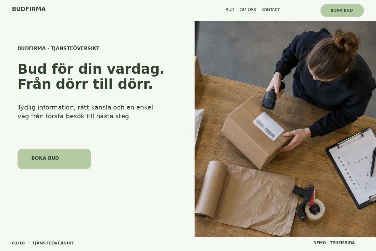 Tjänsteöversikt – Startsida för budfirma