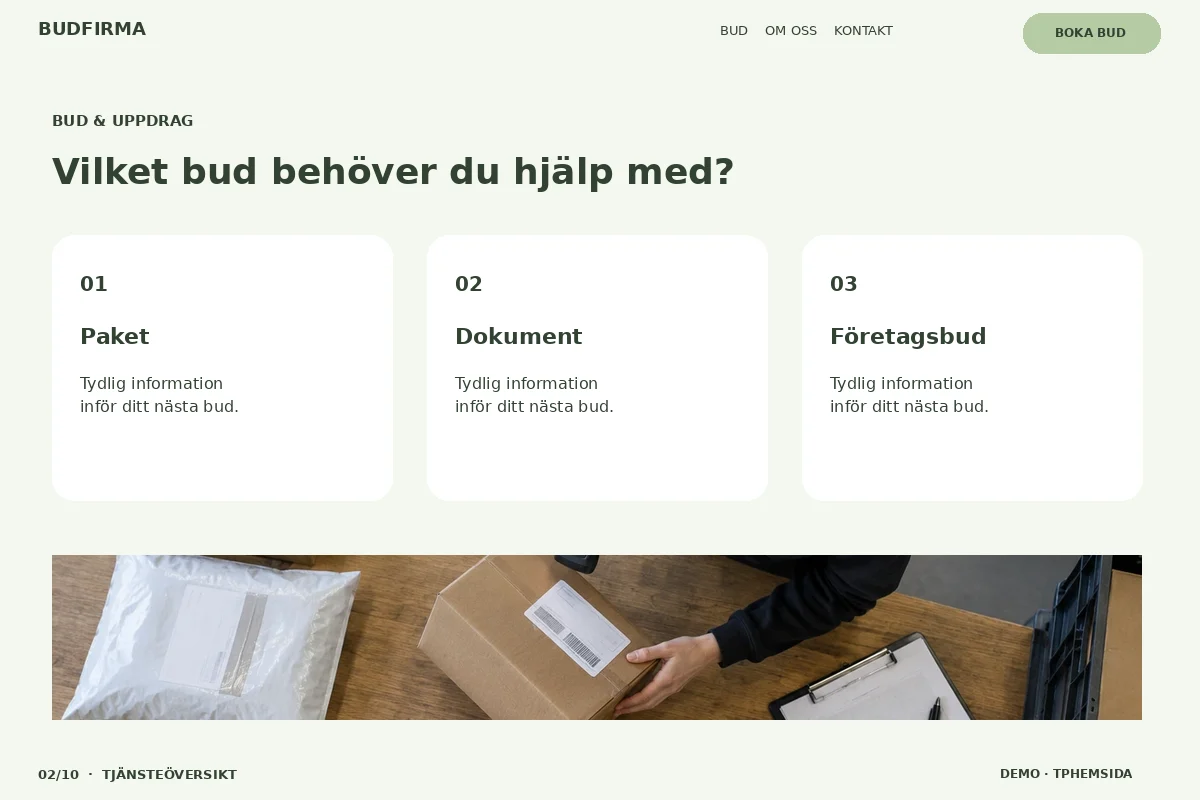 Tjänsteöversikt – Bud & uppdrag för budfirma