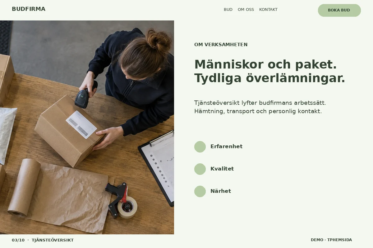 Tjänsteöversikt – Om budfirman för budfirma