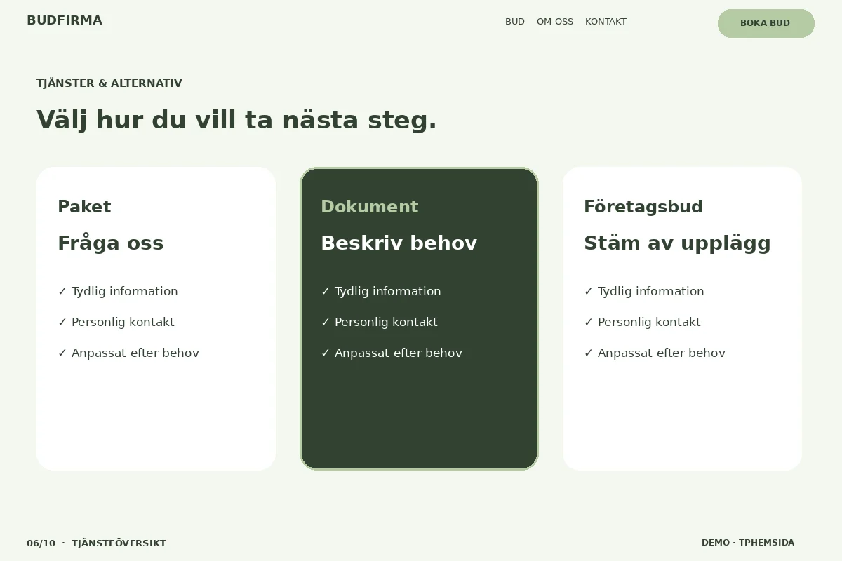 Tjänsteöversikt – Välj & fråga för budfirma