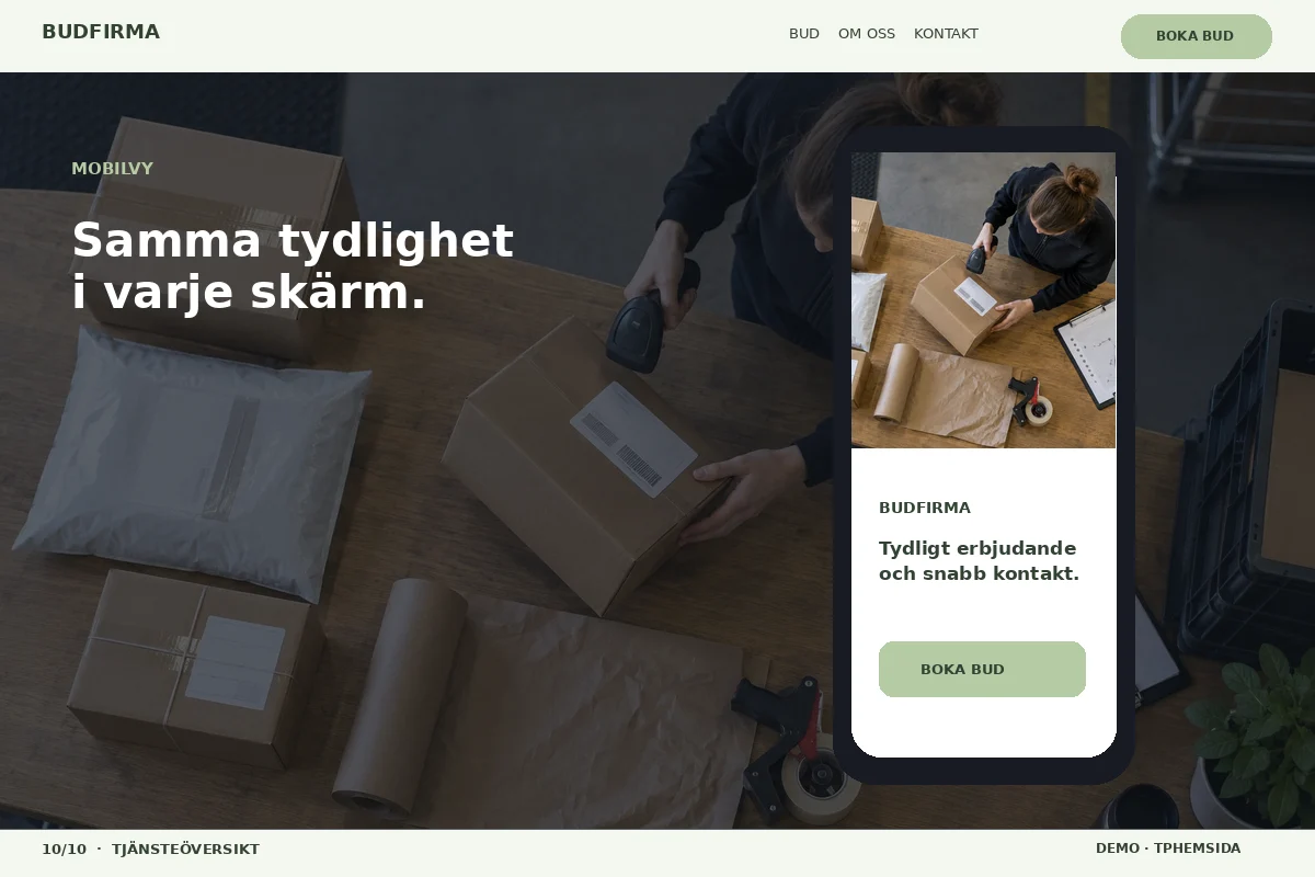 Tjänsteöversikt – Mobilvy för budfirma