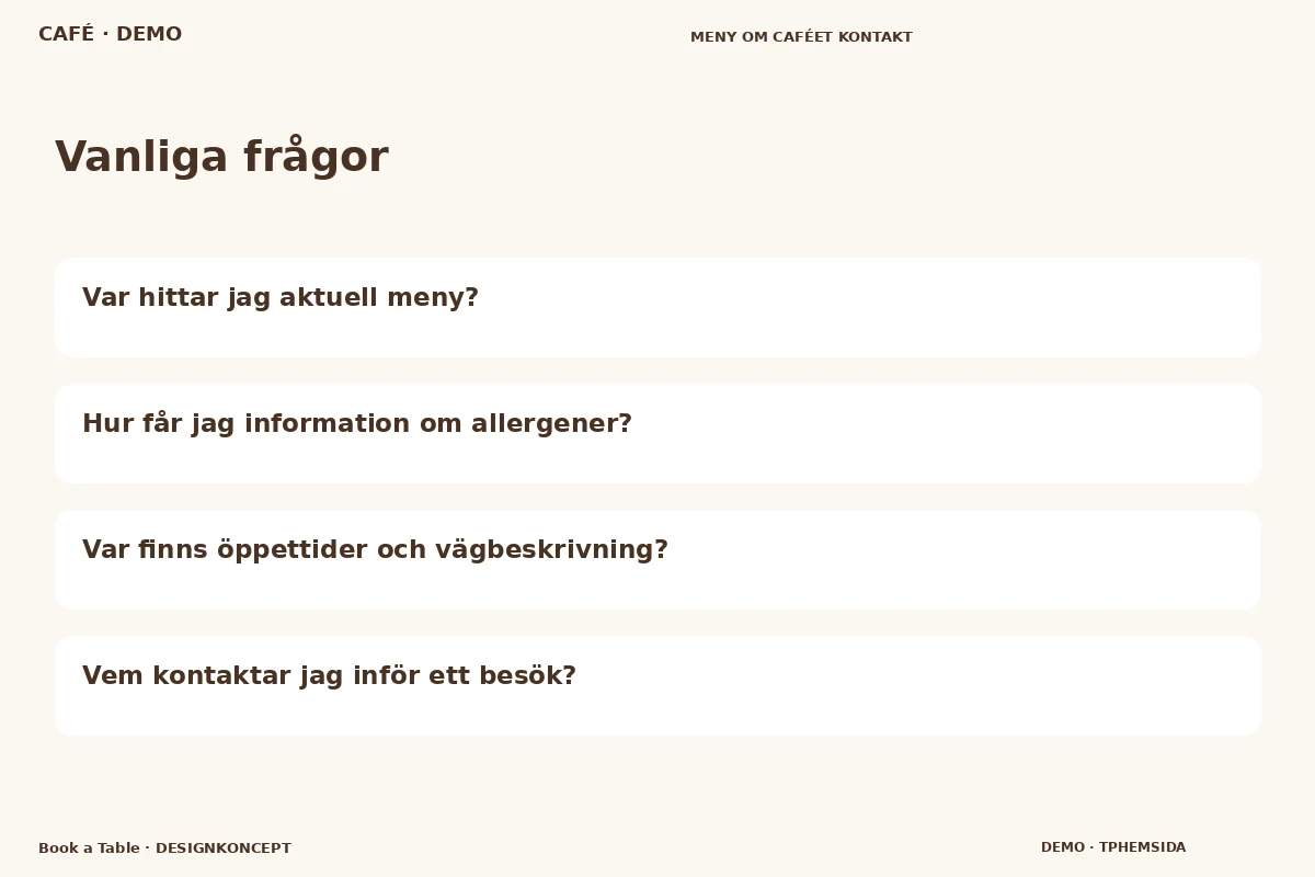 Book a Table – Vanliga frågor för café