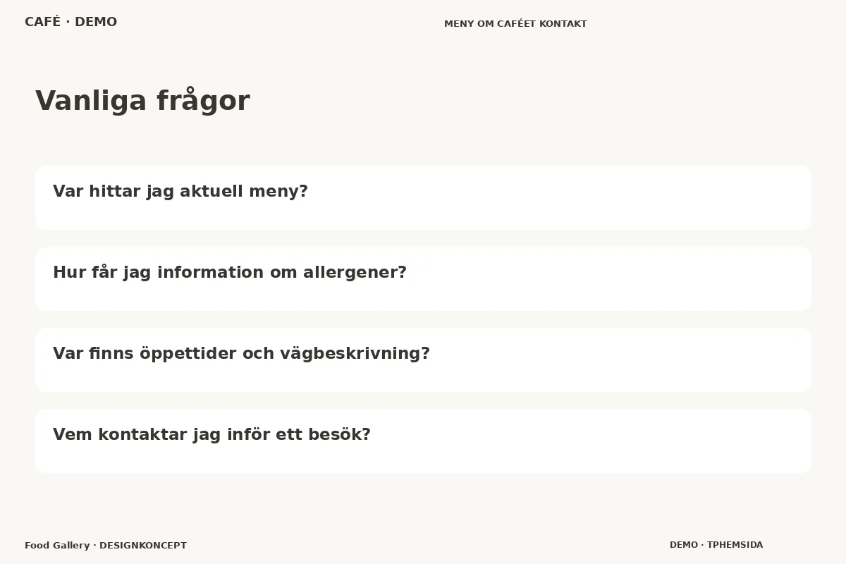 Food Gallery – Vanliga frågor för café