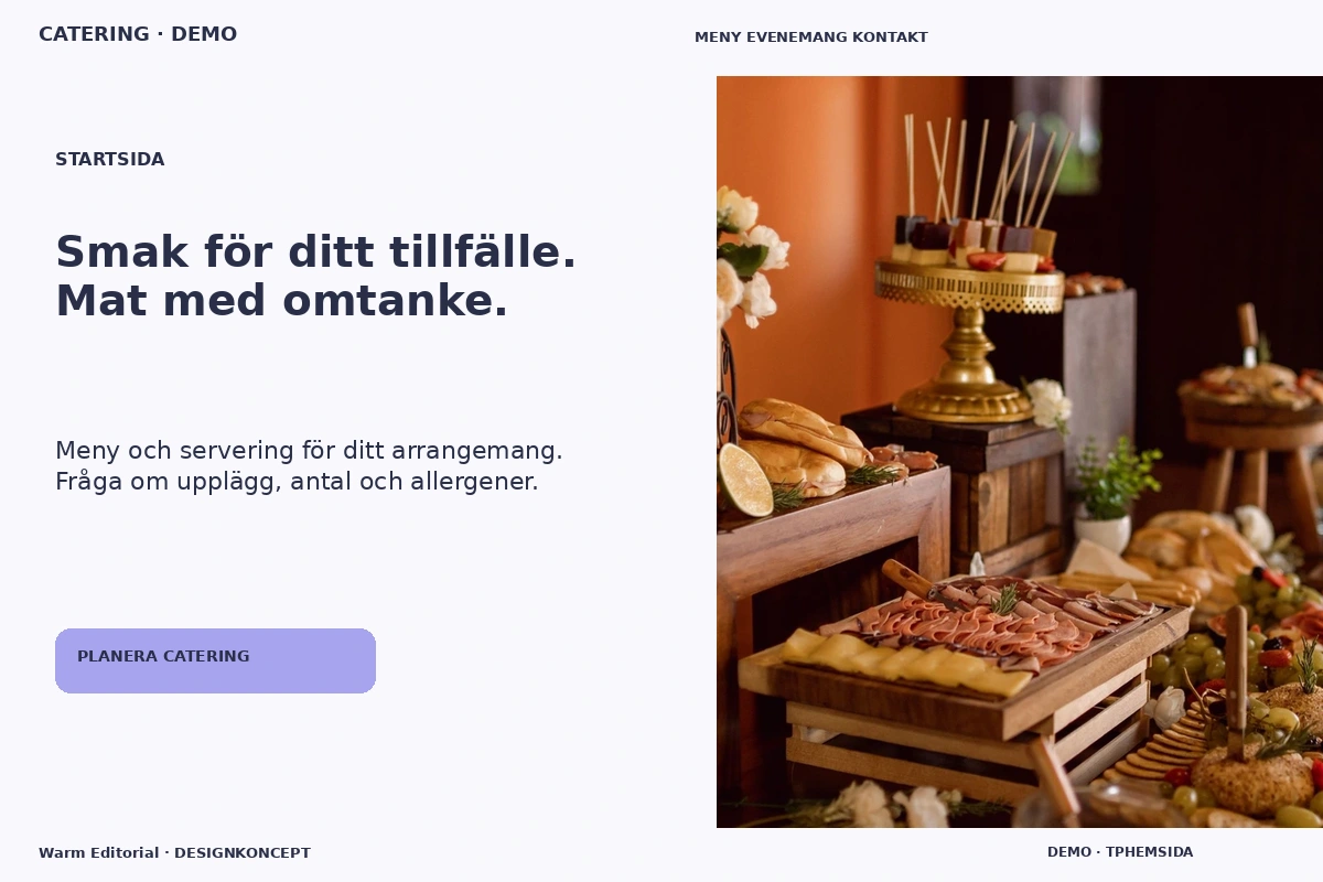 Warm Editorial – Startsida för catering