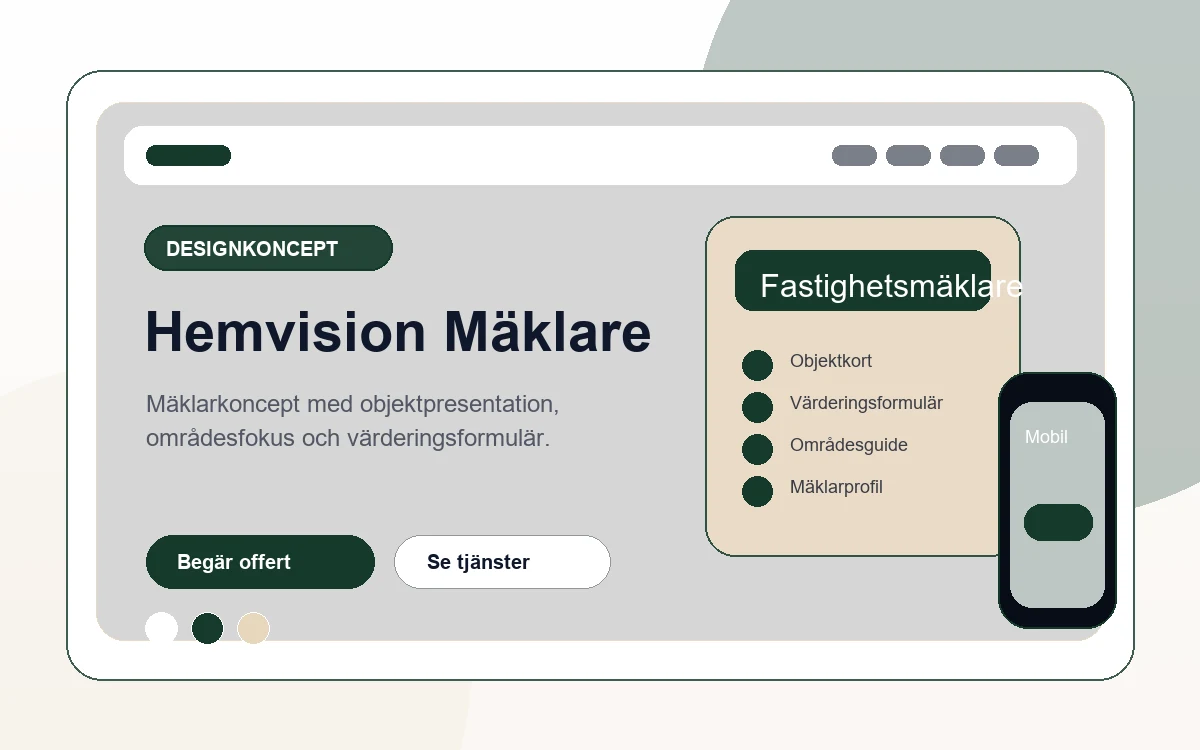 Hemvision Mäklare preview av webbdesign med desktop och mobil mockup för fastighetsmäklare