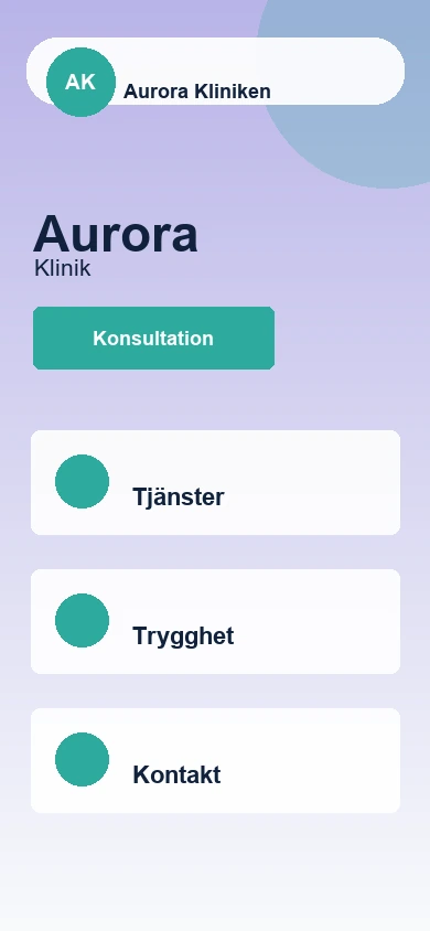 Aurora Kliniken mobilvy av webbdesign